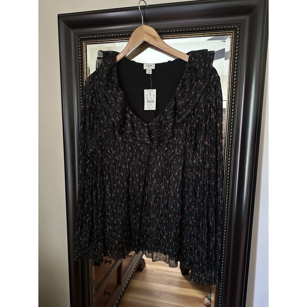 J. Crew Black Multi Floral Shimmer V Neck Ruffle Top Large Metallic NWT